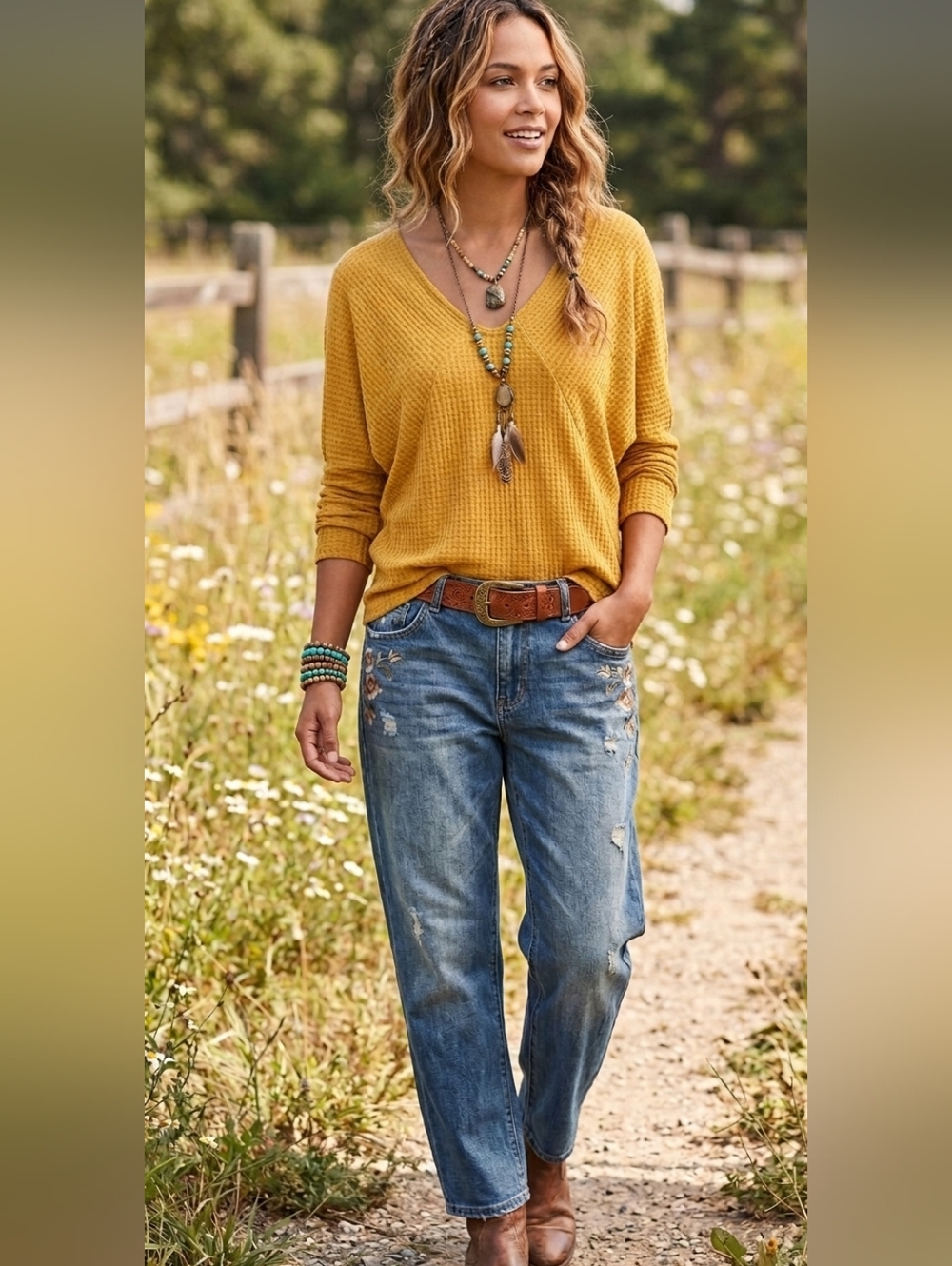 Anthropologie Mustard Waffle-Knit V-Neck Dolman Boyfriend Top